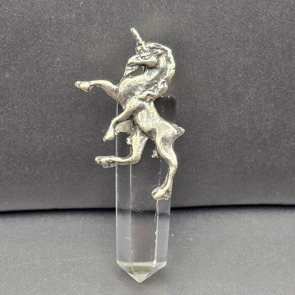 VTG Sterling Silver Unicorn Pendant 2" Clear Quartz Point Brazil Fantasy Crystal - Picture 1 of 12